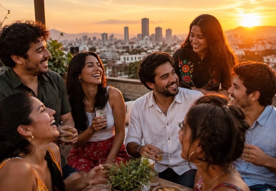 Amigos celebrando en una terraza al atardecer