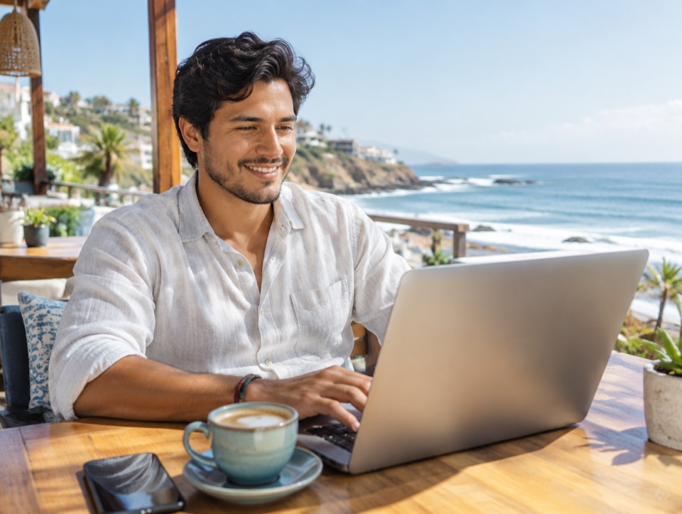 Hombre trabajando con su laptop frente al mar